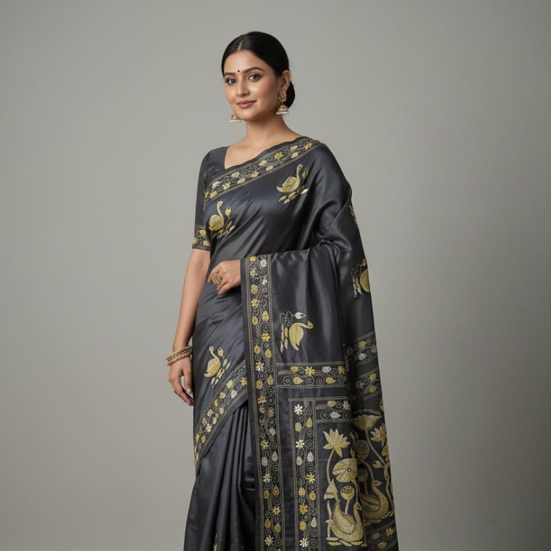 Bangalore Silk Blend Kantha Saree - Black With White and Yellow Color Work