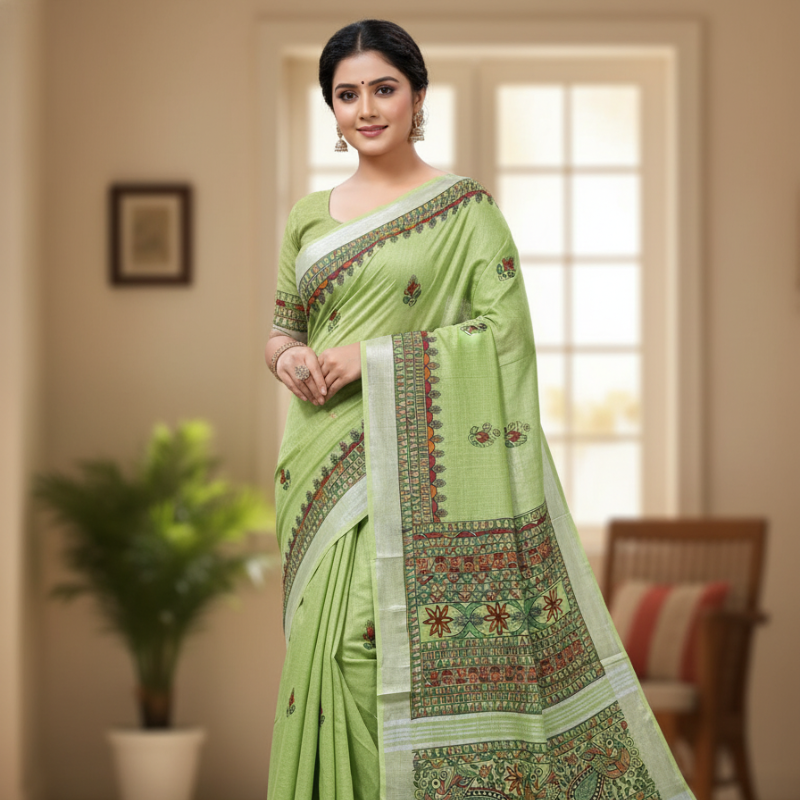 'Matsya Leela' Mint Green Hand painted Madhubani Blend Saree