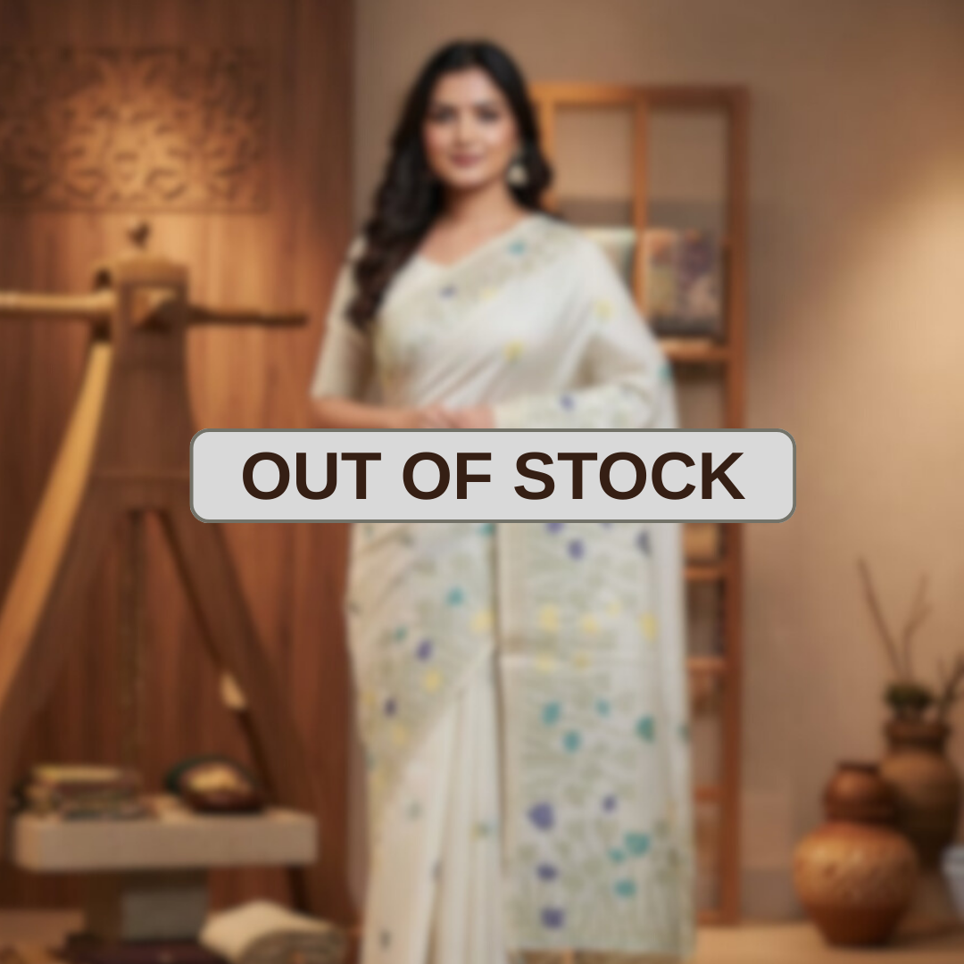 Muga Assam Silk - Off White with Berry Sapphire floral bloom