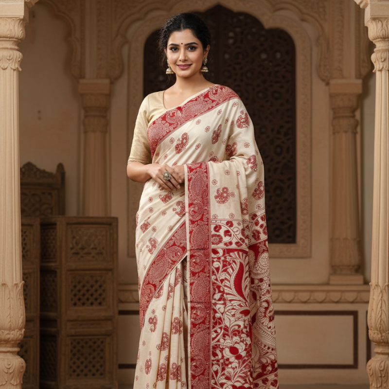 'Chitrangi' Cream base with Floral and Peacock motifs Nellore Silk Kalamkari Saree