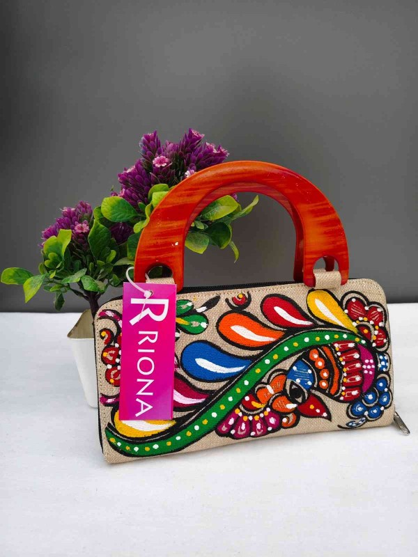 Handpainted Madhubani Jute Bag With Wooden handle -  Yellow Feather Design