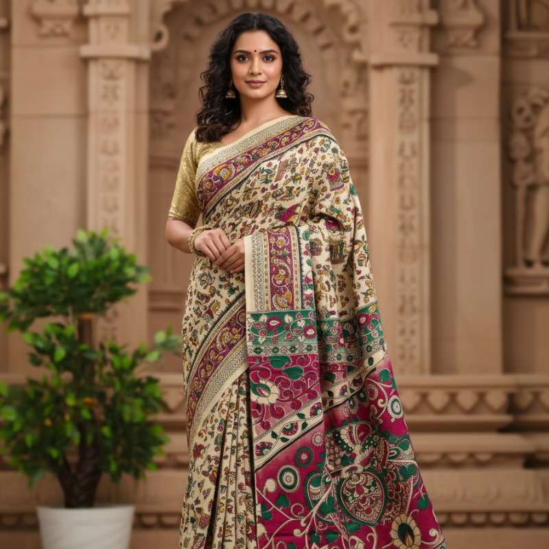 'Nrityachitra' Off white canvas with human motifs cotton Kalamkari Saree