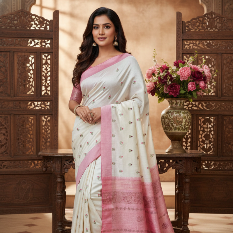 Hand stitched Matka Silk With Rose Design