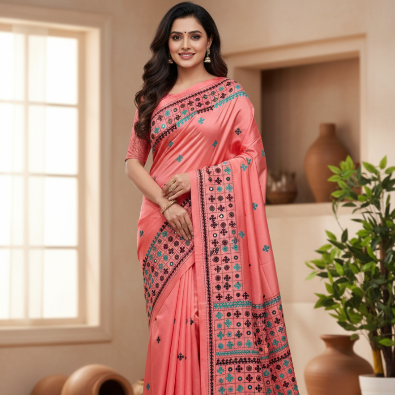 Bangalore Silk Kantha Saree - Peach with Mirror work