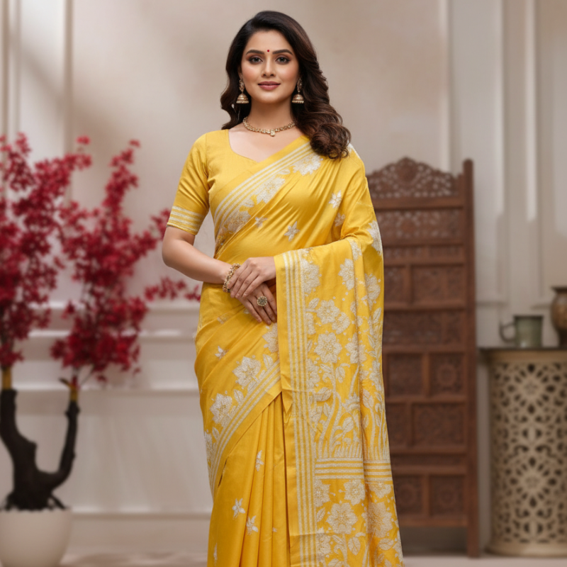 Golden Daisy Bangalore Silk Kantha Saree