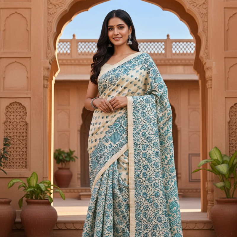 Hand Stitched Kadhwa Kantha Saree - Tiffary Blue