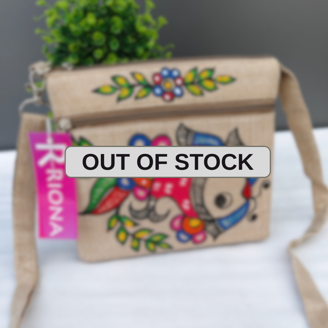 Handpainted Madhubani Jute Small Sling Bag - Fish Design
