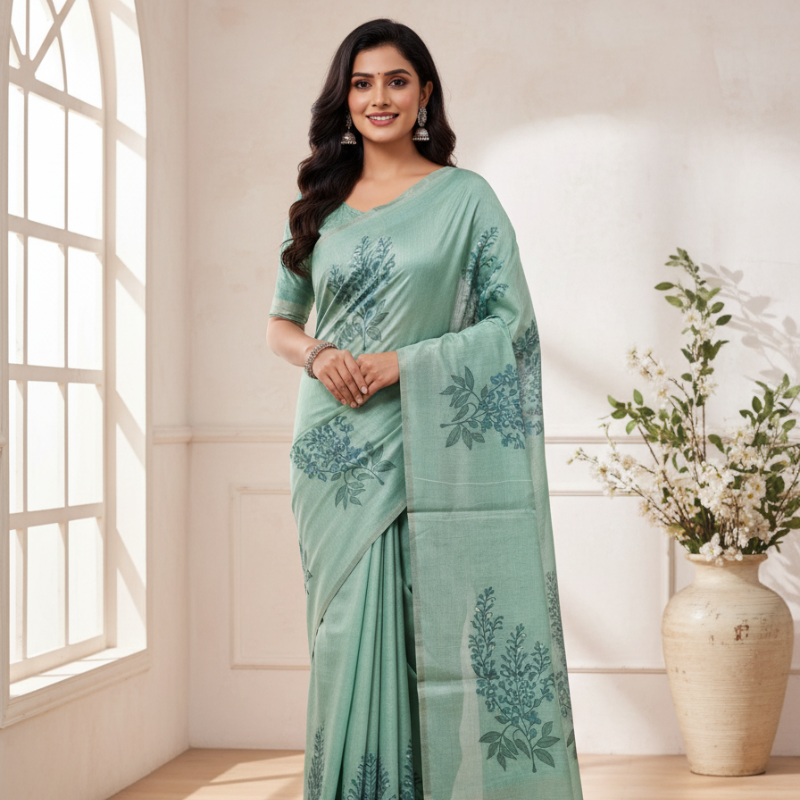Floral Art Muga Jamdani Saree - Green Blossom