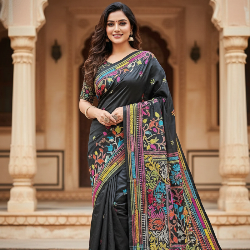Bangalore Silk Kantha Saree - Multicolour stitched Black