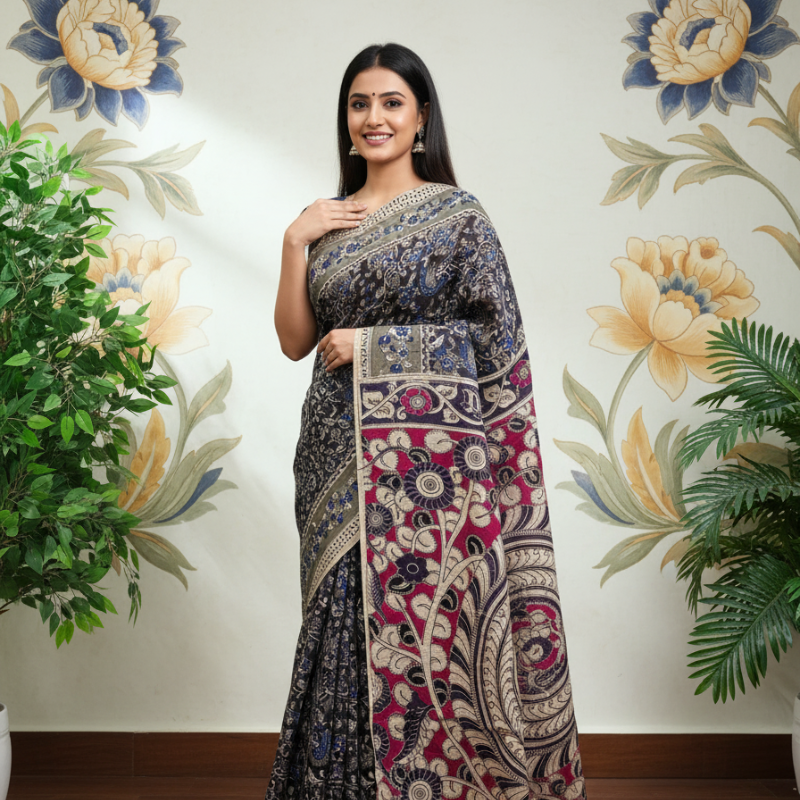 'Rajatavalli' Black canvas with Peacock design cotton Kalamkari Saree