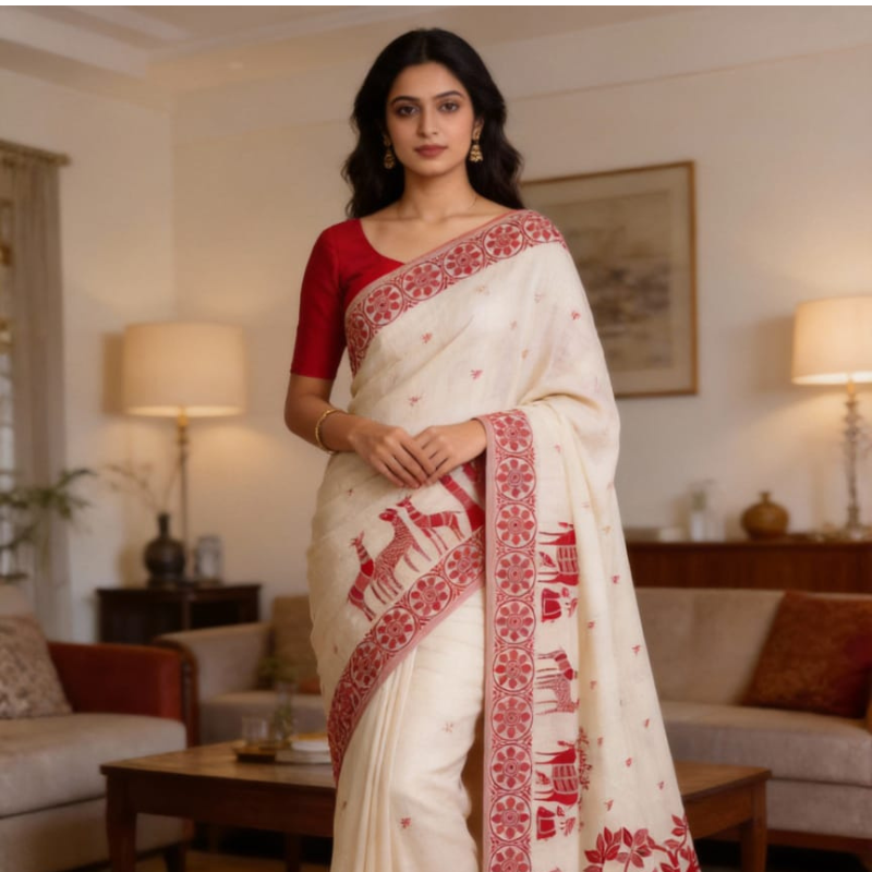 Off White Hue with Animal Motif Muga Jamdani Saree