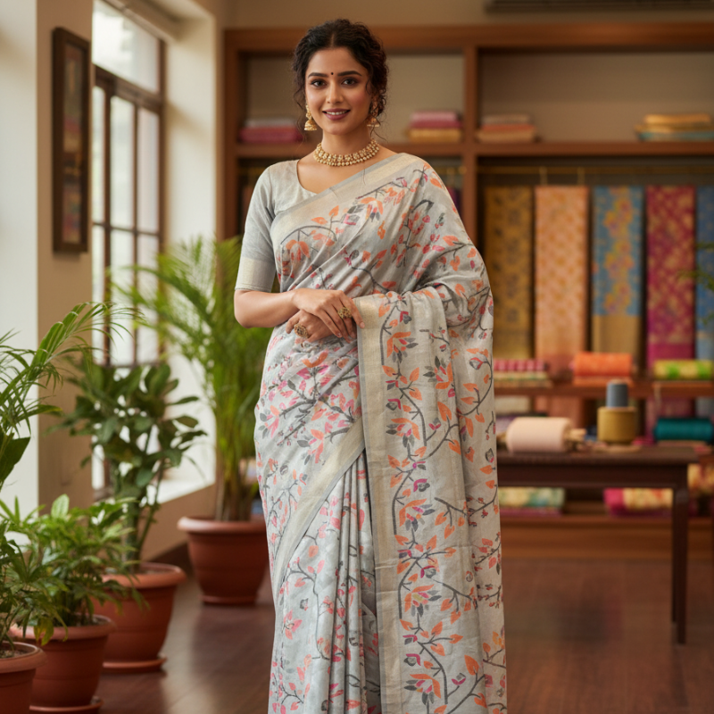 Floral Art Jamdani Saree - Orange Blossom