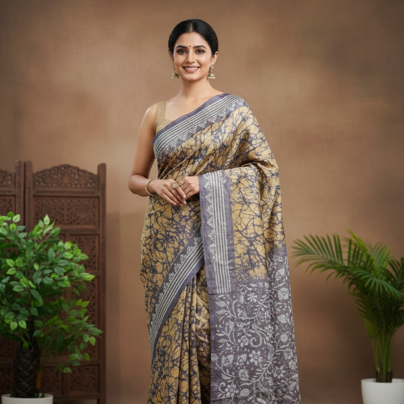Bangalore Silk Kantha Saree - Battick English Buff