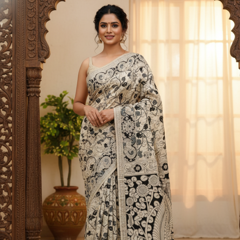 'Vanashri' Off White canvas cotton Kalamkari Saree